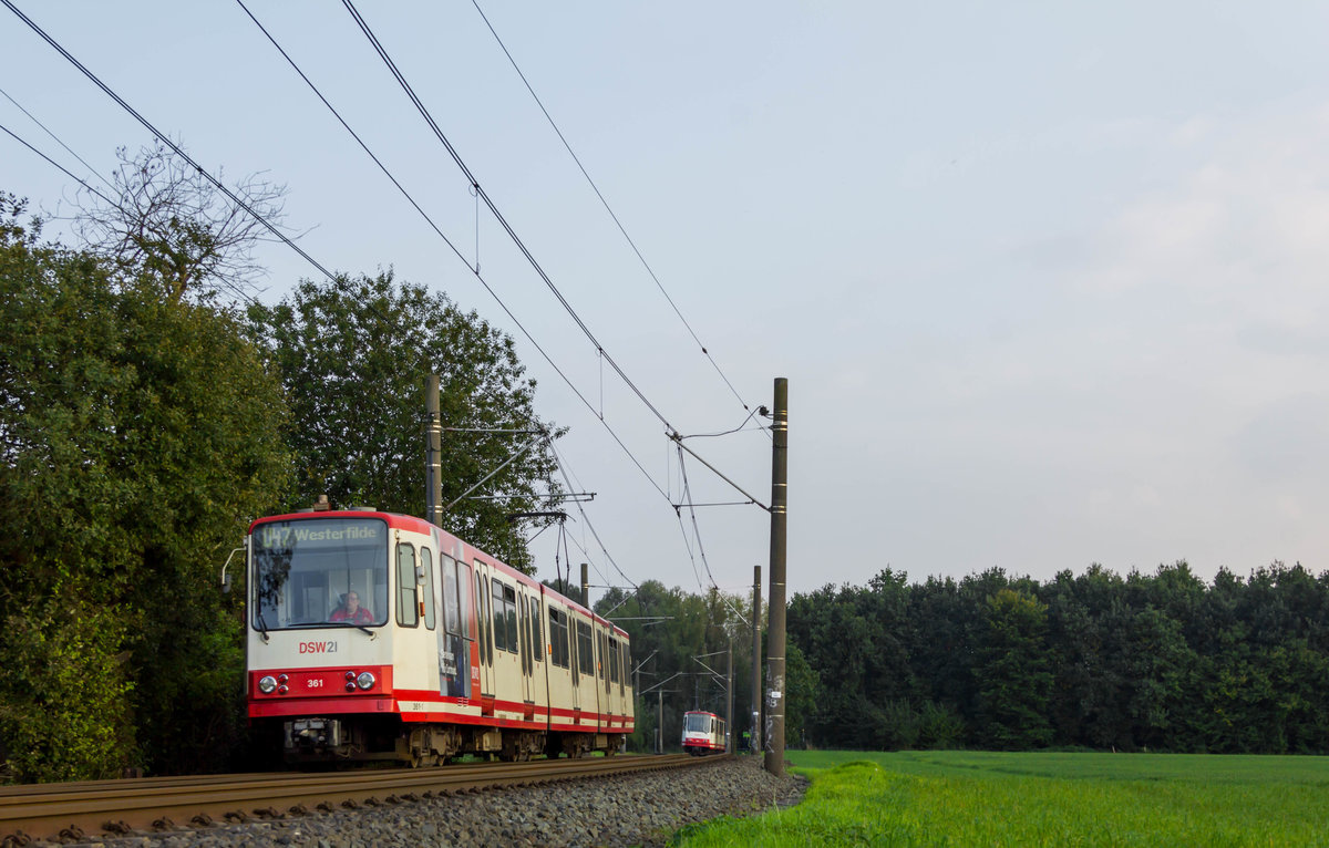 B-Wagen 361 der Dortmunder Stadtwerke erreicht am Nachmittag des 24. September 2017 im Zuge der Linie U47 die niveaugleiche Gleiskreuzung zwischen der Strecke der Stadtbahn und der DB in Dortmund-Obernette.