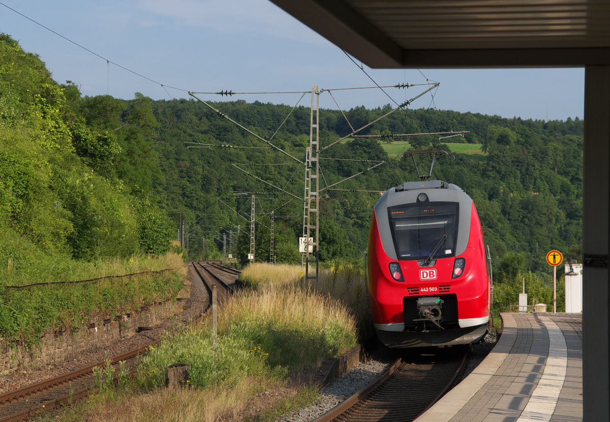  Baby Hamster  442 003 ist auf der Obermoselstrecke nach Perl unterwegs. Hier verlässt er den Hp Wehr (Mosel). Bahnstrecke 3010 Koblenz - Perl Grenze am 06.07.2013