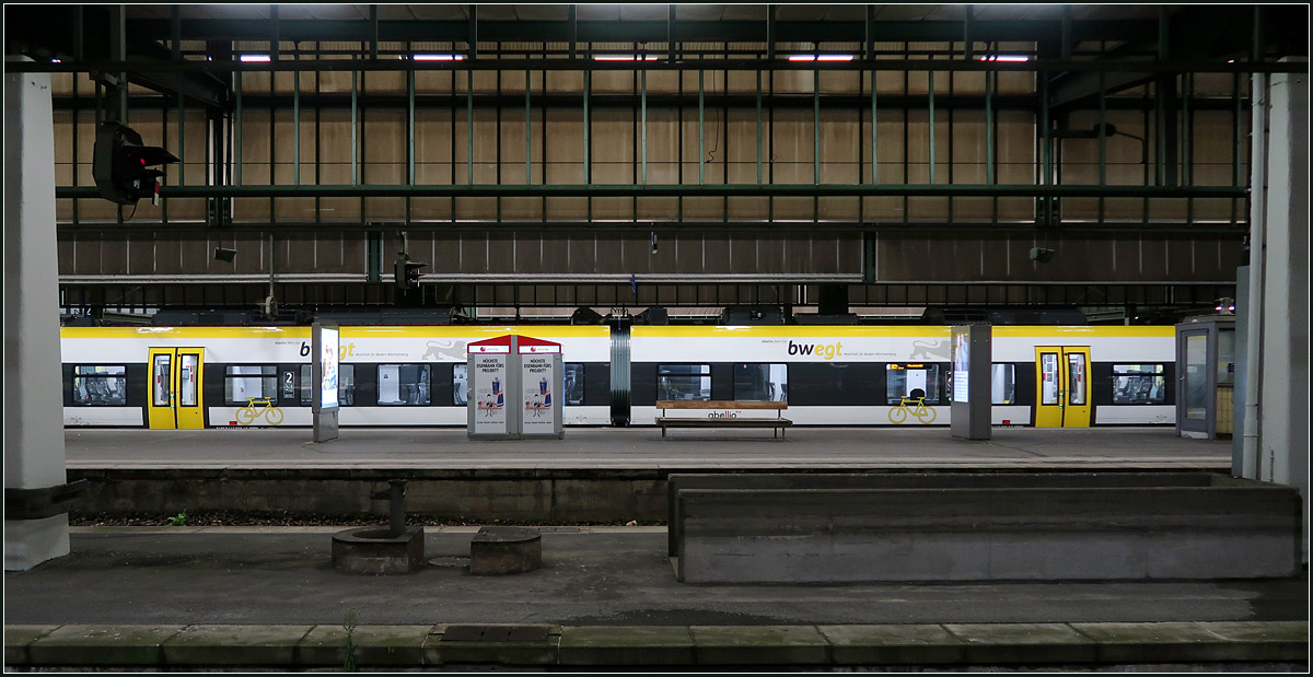 Baden Württembergs Farben leuchten in der Nacht -

Talent-Triebzug im Stuttgarter Hauptbahnhof.

07.10.19 (M)