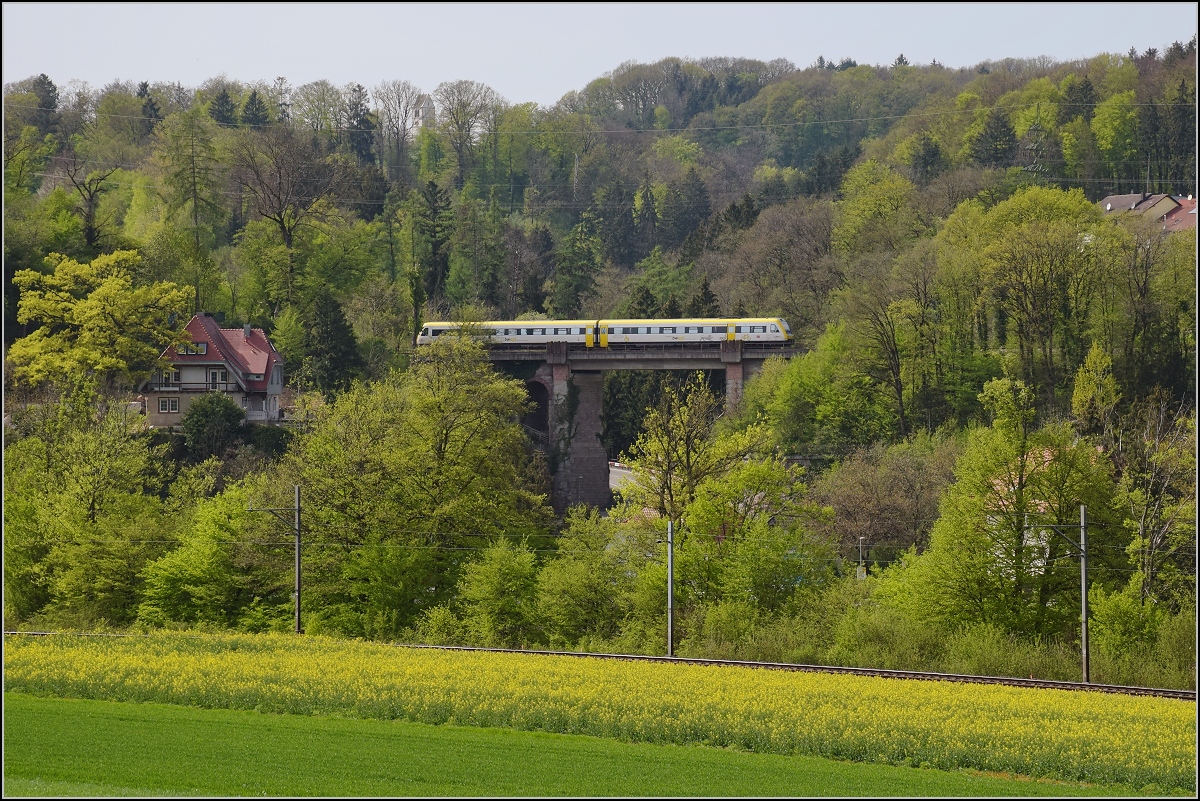 Bahn am Hochrhein. Über die Grenze zur Mühlbachbrücke geschaut bietet sich im Frühjahr ein buntes Bild mit 612. Albert, April 2019.