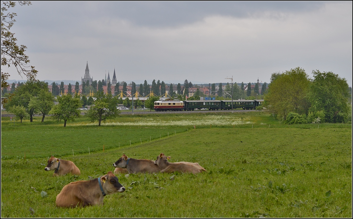 Bahn im Tägermoos - bei Sauwetter. 

Ein Highlight war die Re 4/4<sup>I</sup> 10034 auf dem Rückreise von den Arbon Classices. Im Hintergrund die  Skyline  von Konstanz. Mai 2014.