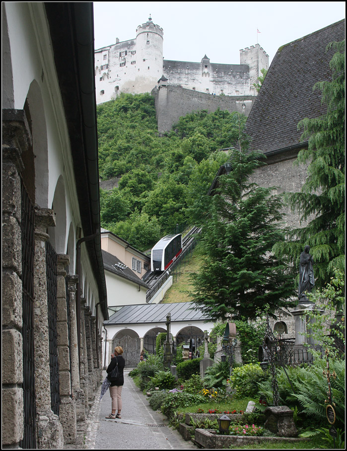 Bahn zur Festung -

Blick vom Petersfriedhof zur Festung Hohensalzburg, die mit einer Standseilbahn mit der Salzburger Altstadt verbunden ist.

30.05.2014 (Matthias)