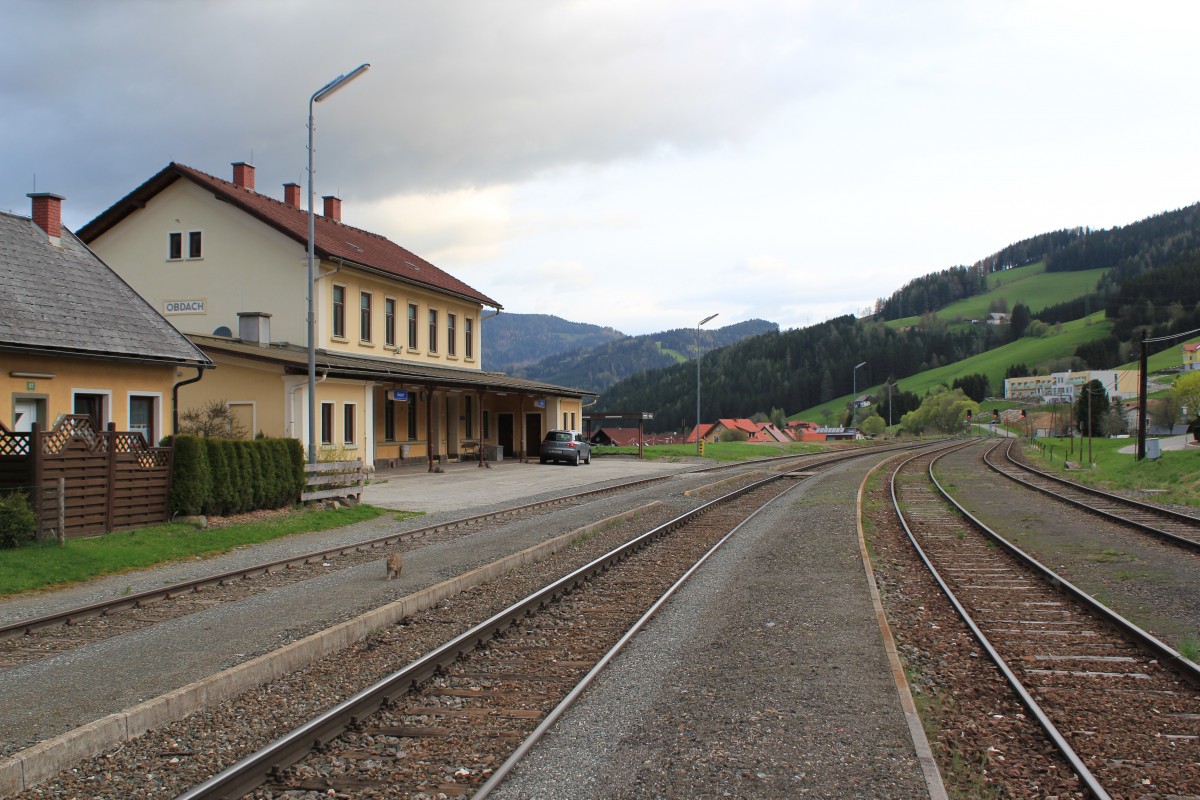Bahnhof Obdach bei Km 16,4 an der Lavantalerbahn um ca. 6:30 morgens. Bis auf eine Katze (linke Bildmitte auf Bahnsteig)die mich beim Fotografieren am Bahnhof stndig verfolgte ist nicht viel los, April 2012