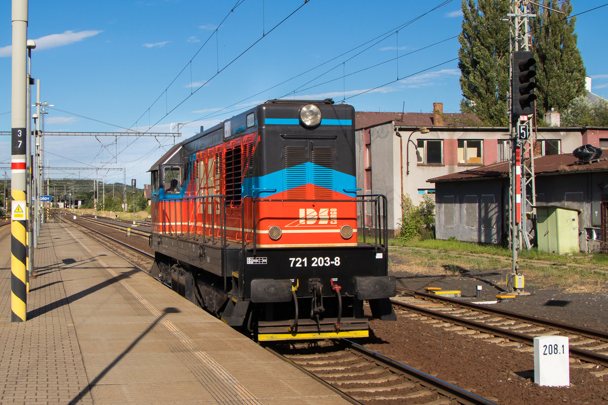 Bahnhof Sokolov am 7. Juli 2018. Die IDS kam vorbei, in Form von 721 203-8. 
