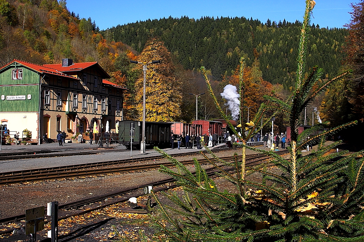 Bahnhofsatmosphäre am 19.10.2013 im Bahnhof  Eisfelder Talmühle . Der im Bahnhof stehende Foto-Güterzug der HSB wird in wenigen Minuten für die Fahrgäste des rechts stehenden Sonderzuges der IG HSB eine Doppelausfahrt mit einem Planzug durchführen.