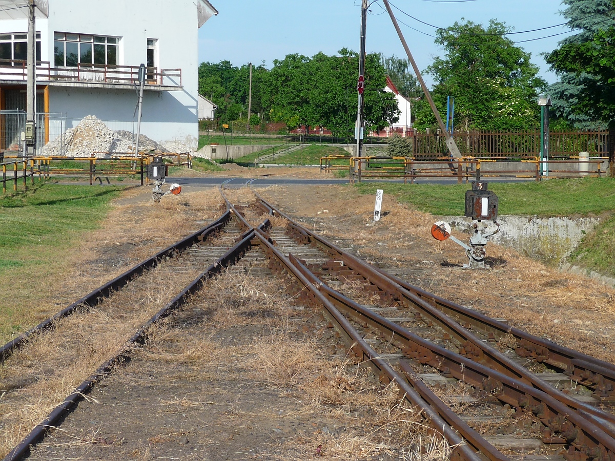 Bahnübergang und Ausfahrt aus der Station Ibrany der 2009 stillgelegten Schmalspurstrecke von Nyiregyhaza nach Dombrad und Balsa, 29. ‎Mai ‎2016 