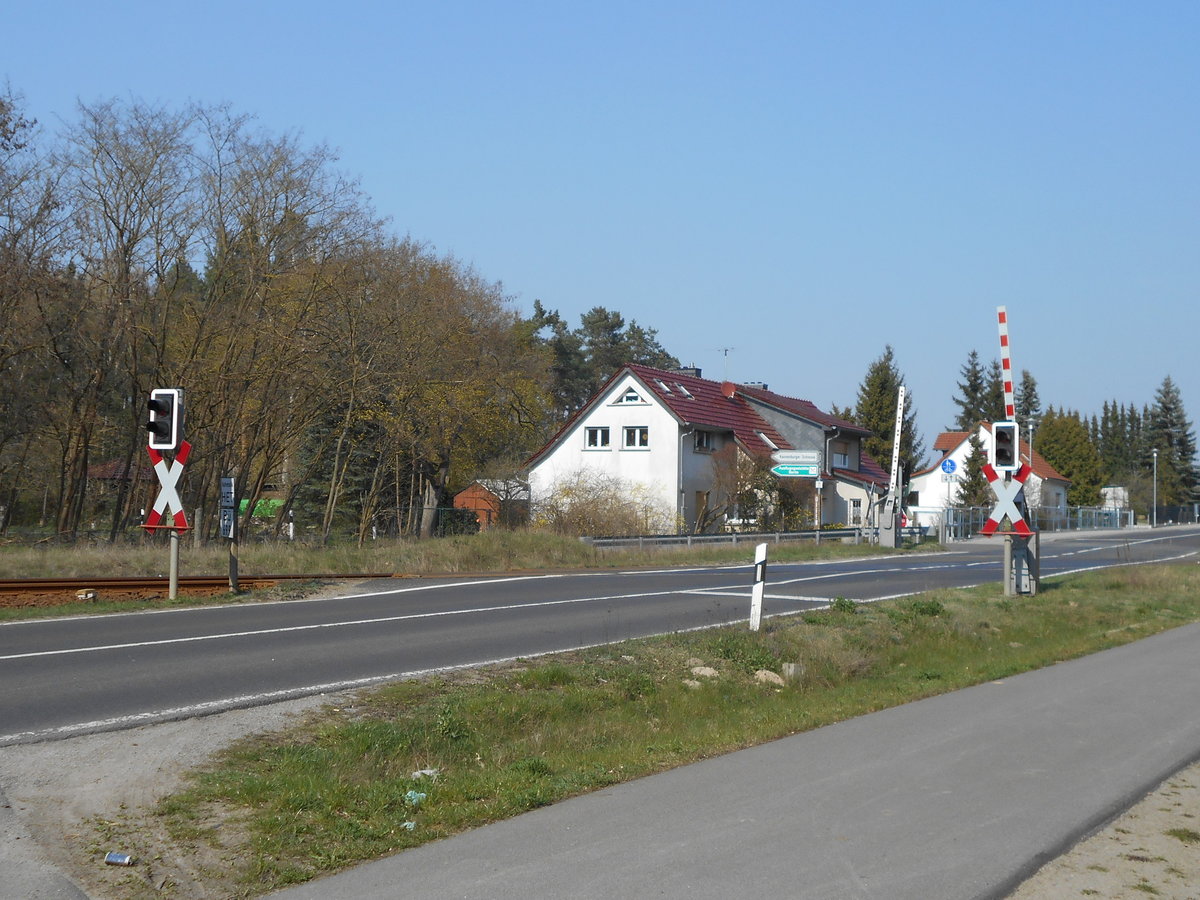 Bahnübergang beim Ort Hammelspring,an der Strecke Löwenberg-Templin,am 16.April 2019.