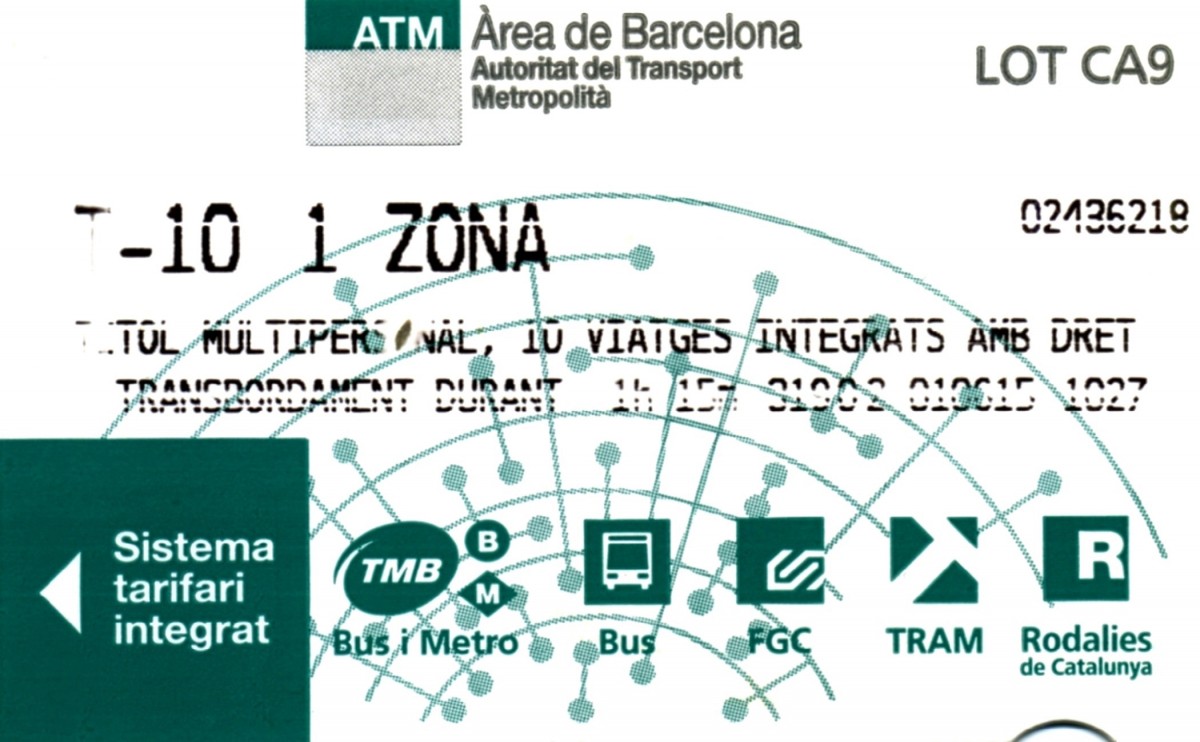BARCELONA (Katalonien/Provinz Barcelona), 01.06.2015, 10er-Fahrkarte für die öffentlichen Verkehrsmittel