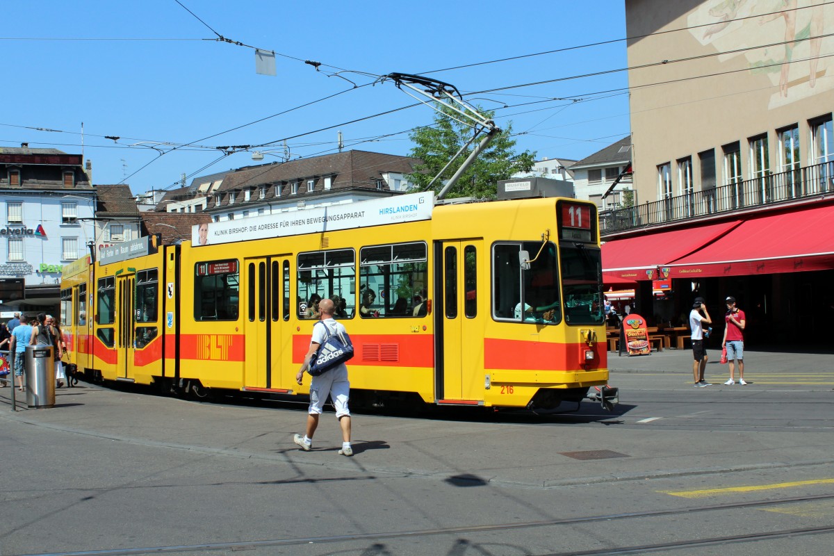 Basel BLT Tram 11 (SWP Be 4/8 216) Barfüsserplatz am 6. Juli 2015.