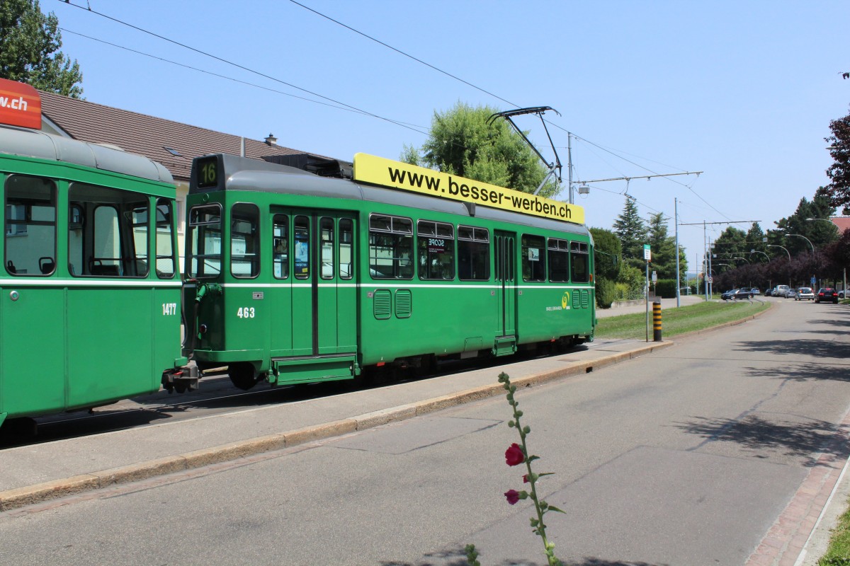 Basel BVB Tram 16 (FFA/SWP B 1477 + SWP/BBC Be 4/4 463) Bruderholzallee (Hst. Bruderholz) am 3. Juli 2015.