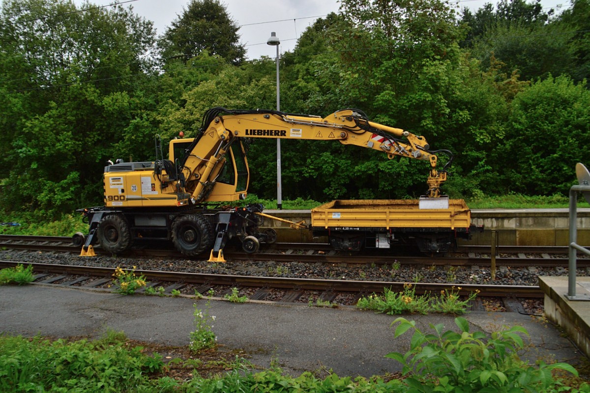 Bauarbeiten in Neckargerach. Das Richtungsgleis nach Eberbach ist immer noch gesperrt und wird von einem Zweiwegebagger mit Anhnger besetzt. 24.8.2013