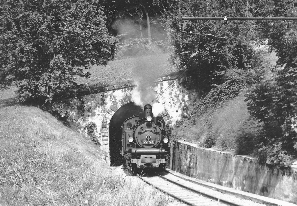 BC: Schweizer Dampf-Festival 2016. Infolge der unsicheren Wetterprognosen habe ich diesen alljährlichen wiederkehrenden Grossanlass am Genfersee zu Hause anhand von Archivbildern aus Vorjahren erlebt. Die ehemalige DR G 5/5 99193 mit einem Dampfzug auf der Fahrt nach Chamby beim Verlassen des Tunnels de Cornaux im Sommer 1979.
Foto: Walter Ruetsch 