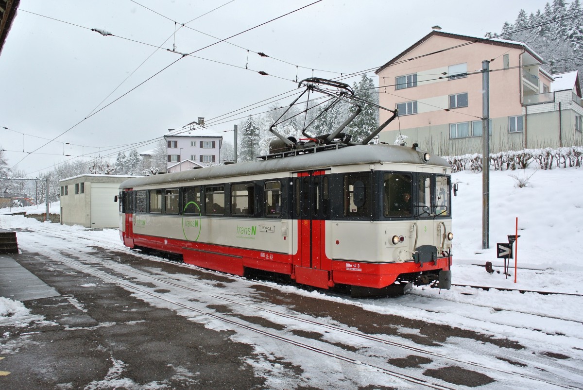 BDe 4/4 Nr. 3 in Les Brenets, 20.01.2015.