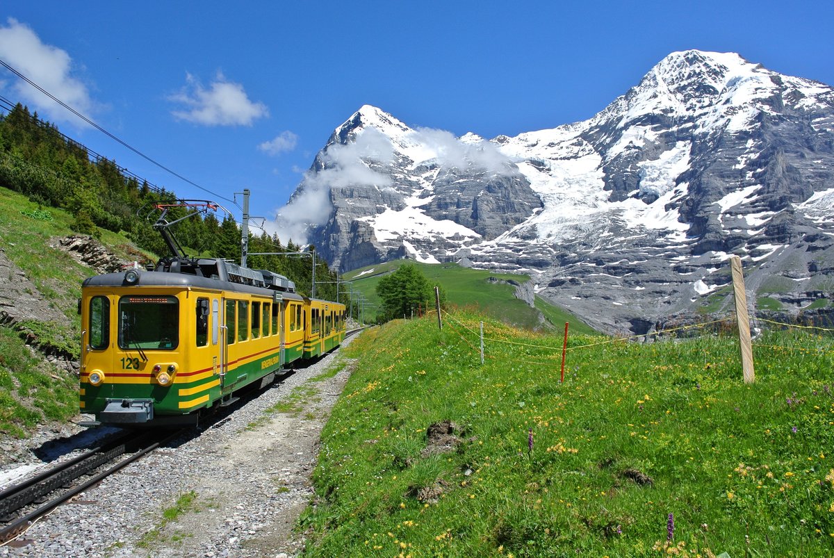 BDeh 4/4 Nr. 123 zwischen Wengernalp und kleine Scheidegg, 04.07.2016.

