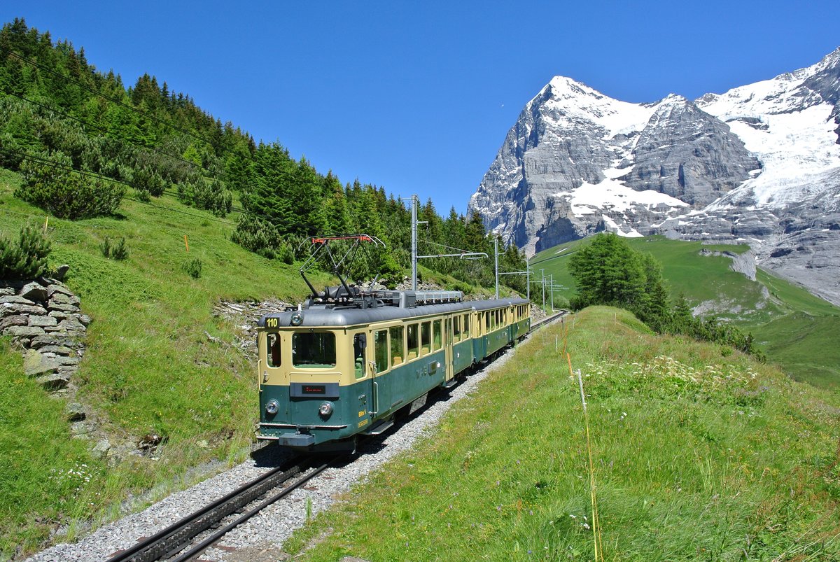 BDhe 4/4 Nr. 110 zwischen kleine Scheidegg und Wengernalp, 19.07.2016. 

