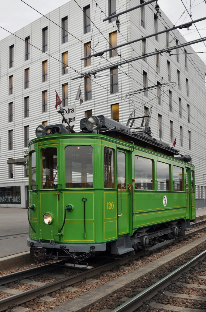 Be 2/2 126 auf einer Extrafahrt bei der Haltestelle Peter Merian. Die Aufnahme stammt vom 14.02.2014.