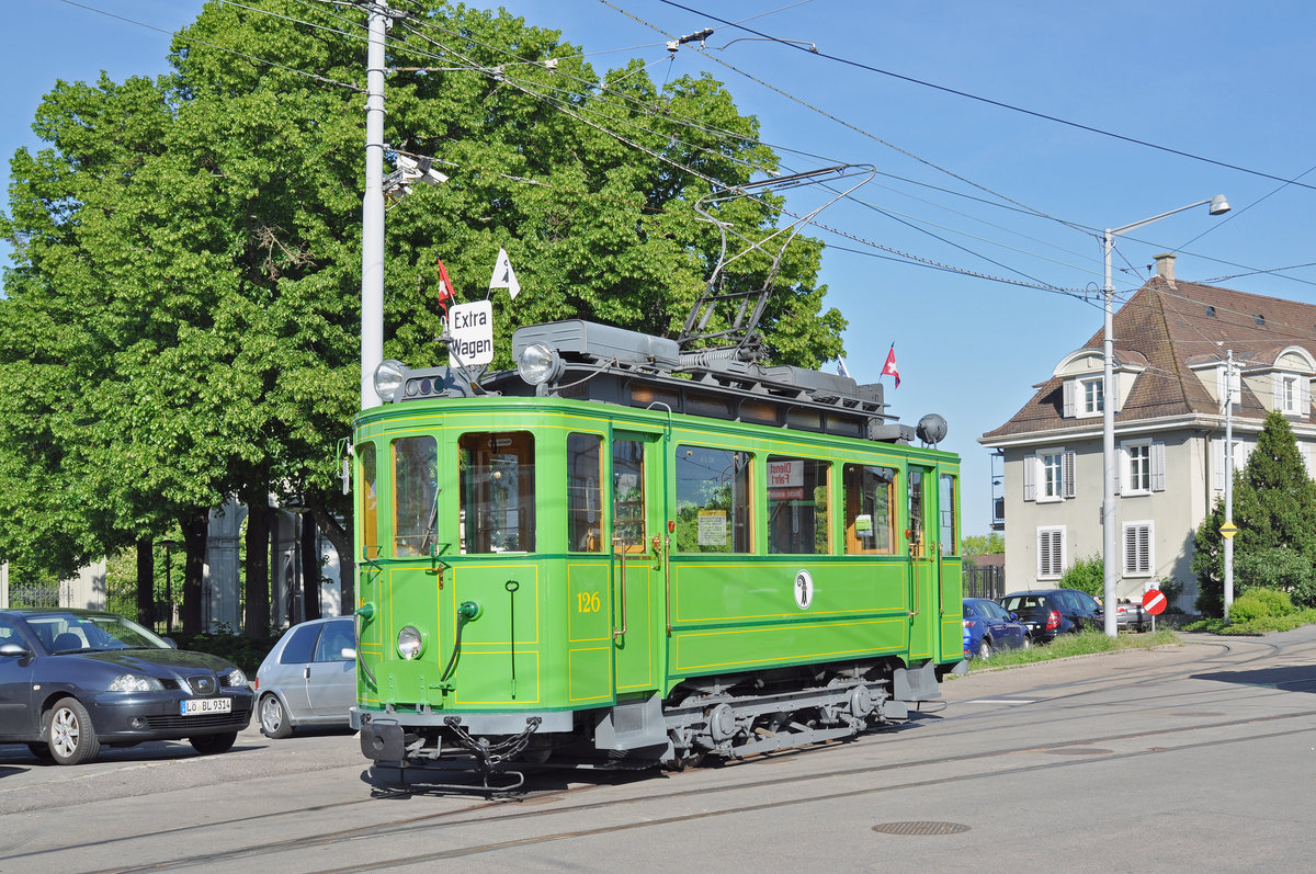 Be 2/2 126 steht auf dem Hof des Depots Dreispitz bereit für eine Extrafahrt. Die Aufnahme stammt vom 17.05.2017.