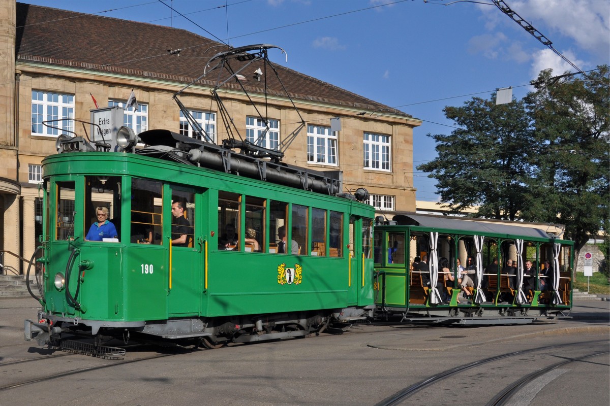 Be 2/2 190 zusammen mit dem B2 281 auf einer Extrafahrt am Badischen Bahnhof. Die Aufnahme stammt vom 06.09.2014.