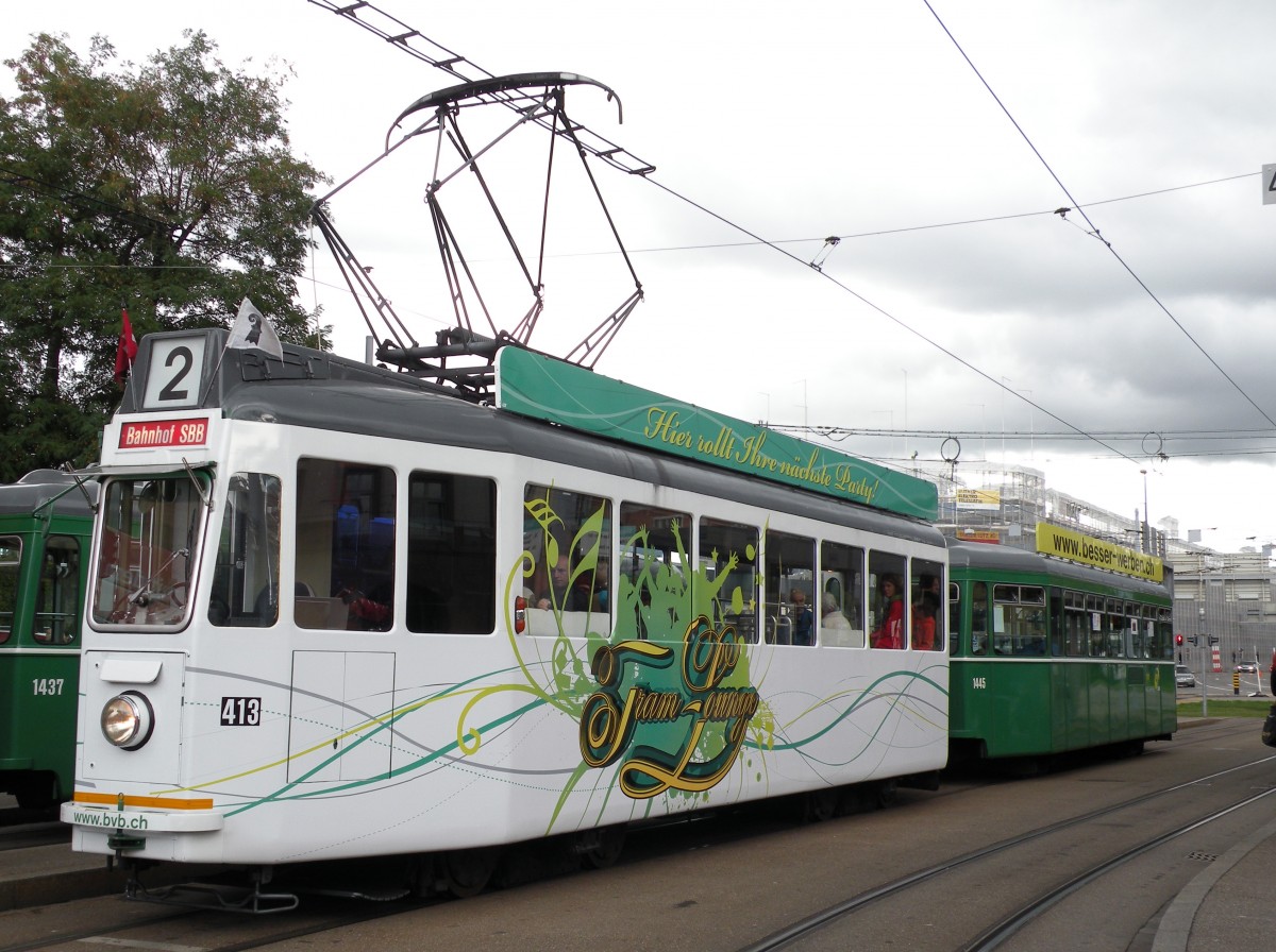 Be 4/4 413 und der B 1445 auf der Oldtimerlinie Badischer Bahnhof - Bahnhof SBB zum 100 Jhrigen bestehen des Badischen Bahnhof. Die Aufnahme stammt vom 15.09.2013.