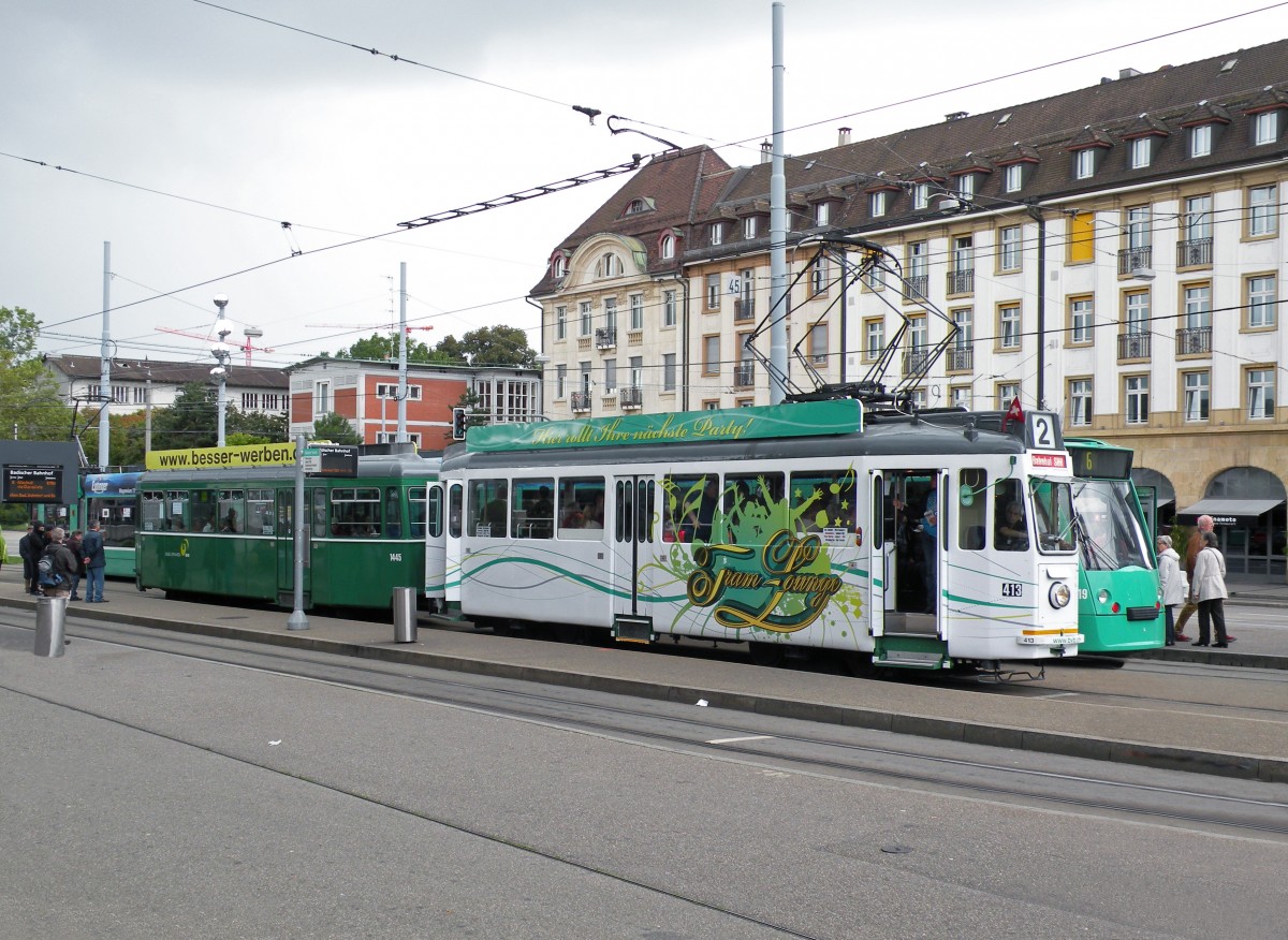 Be 4/4 413 und der B 1445 auf der Oldtimerlinie Badischer Bahnhof - Bahnhof SBB zum 100 Jhrigen bestehen des Badischen Bahnhof. Die Aufnahme stammt vom 15.09.2013.
