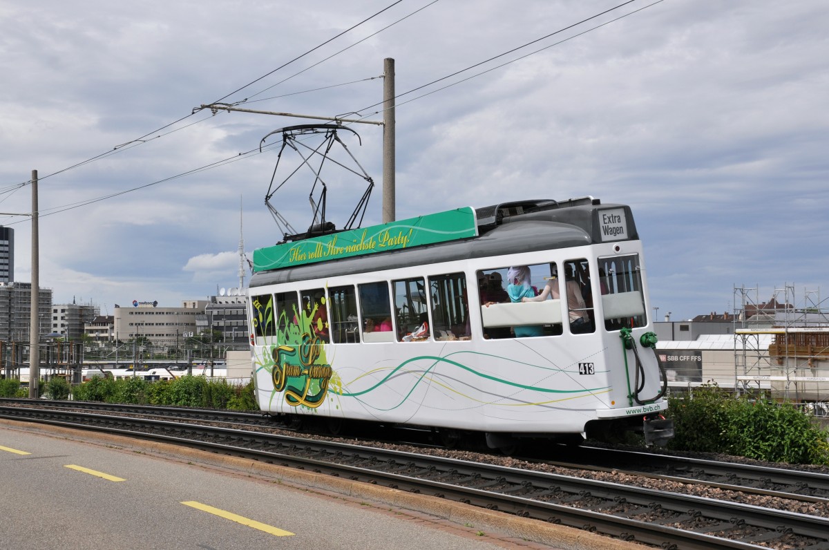 Be 4/4 413 unterwegs auf einer Extrafahrt bei der Münchensteinerstrasse. Die Aufnahme stammt vom 10.05.2014.
