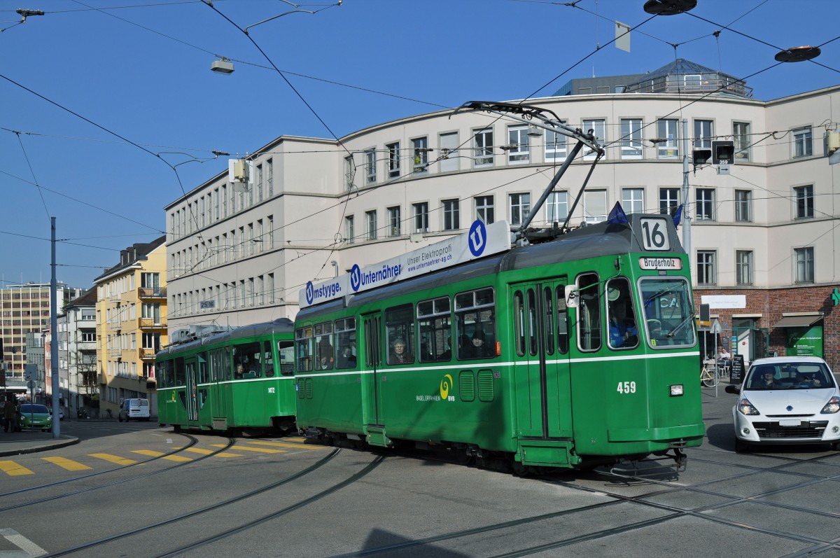 Be 4/4 459 zusammen mit dem B 1472 S auf der Linie 16 fahren zur Haltestelle Markthalle. Die Aufnahme stammt vom 13.03.2015. 