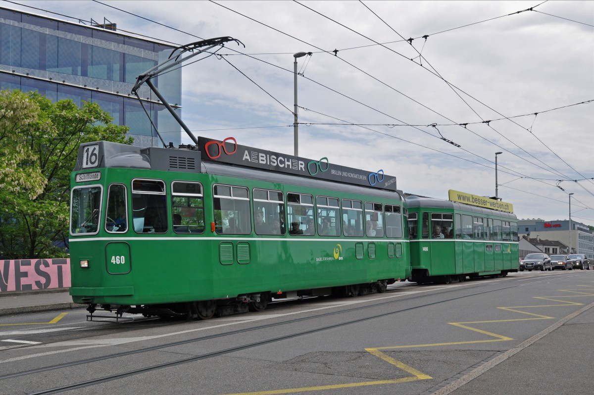 Be 4/4 460 zusammen mit dem B 1496 S auf der Linie 16 bedient die Haltestelle Markthalle. Die Aufnahme stammt vom 16.05.2015.