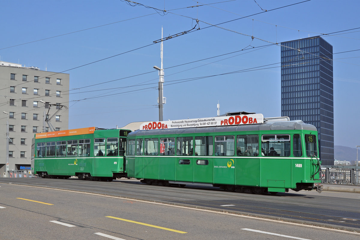 Be 4/4 479 zusammen mit dem B4S 1489, auf der Linie 15, überqueren die Münchensteinerbrücke. Die Aufnahme stammt vom 24.02.2018.