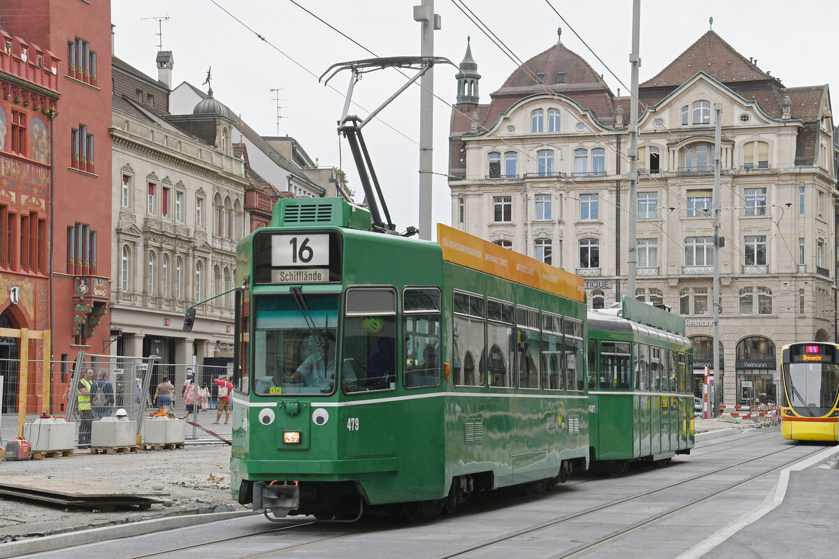 Be 4/4 479 zusammen mit dem B4S 1487, auf der Linie 16, durchf�hrt am 07.09.2026 die Haltestelle Marktplatz, weil die Haltestelle wegen Bauarbeiten nicht bedient wird. Aufnahme Basel.