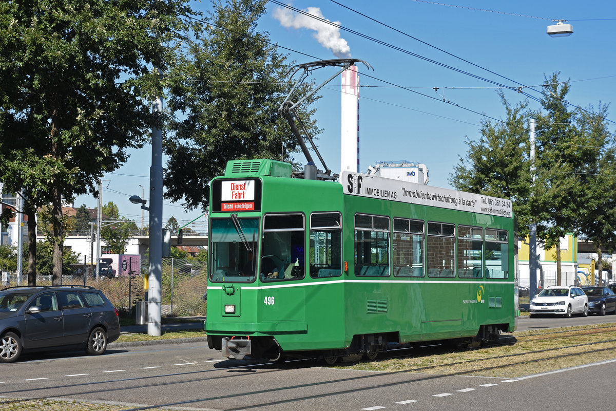 Be 4/4 496 fährt als Dienstfahrt Richtung Haltestelle Kannenfeldplatz. Die Aufnahme stammt vom 20.09.2019.
