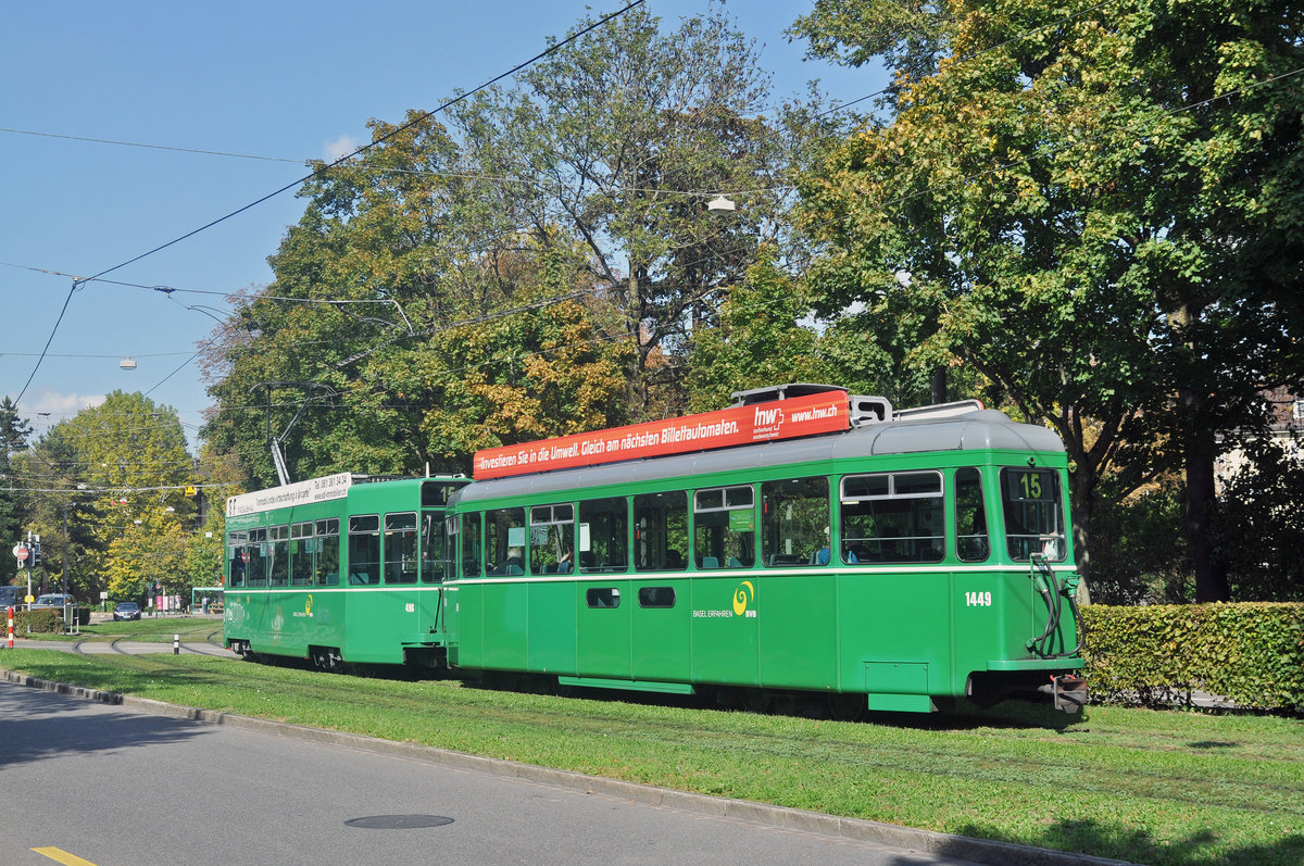 Be 4/4 496 zusammen mit dem B4S 1449, auf der Linie 15, fährt zur Haltestelle Denkmal. Die Aufnahme stammt vom 27.09.2017.