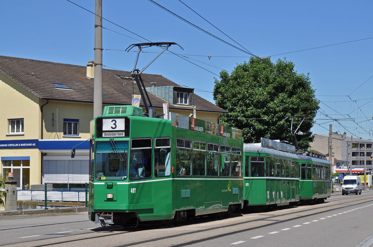 Be 4/4 497, zusammen mit dem B 1476 S und dem Be 4/4 475, fahren zur Haltestelle der Linie 3 an der Salinenstrasse. Die Aufnahme stammt vom 22.06.2016.
