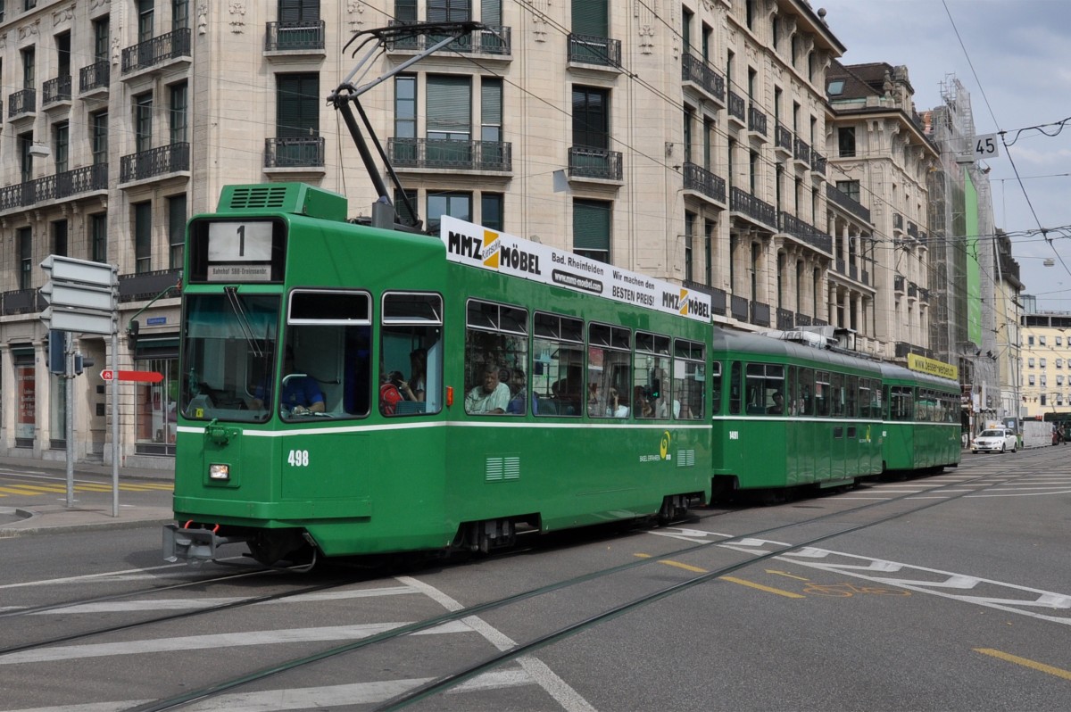 Be 4/4 498 zusammen mit dem B 1491 S und dem B 1461 auf der Linie 1 kurz vor der Haltestelle Markthalle. Die Aufnahme stammt vom 27.06.2014.