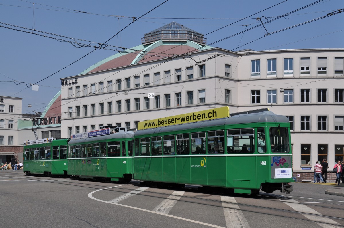 Be 4/4 4989 zusammen mit dem B 1490 S und dem B 1461 auf der Linie 1 bei der Markthalle. Die Aufnahme stammt vom 24.04.2014.