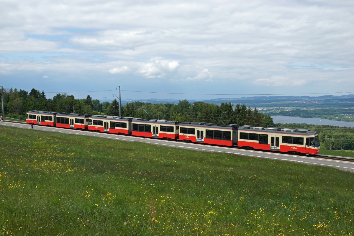 Be 4/6 62, Be 4/6 68 und Be 4/6 61 befinden sich am 17.05.2014 unterhalb von Scheuren.