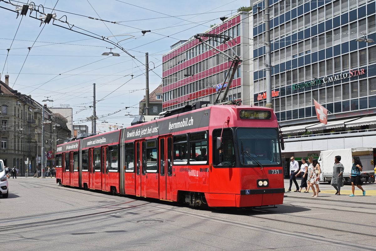 Be 4/6 731 Vevey Tram, auf der Linie 3, fährt zur Endstation am Bahnhof Bern. Die Aufnahme stammt vom 25.06.2019.