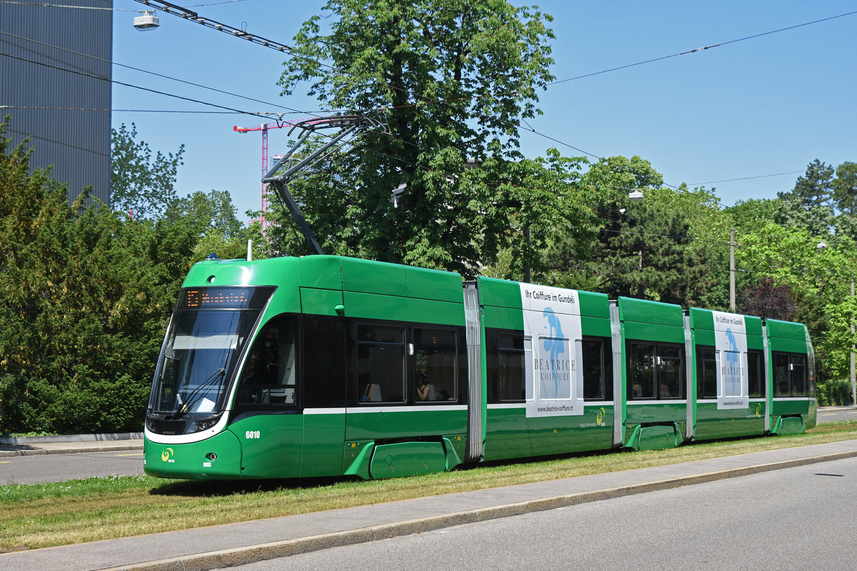 Be 4/6 Flexity 6010, auf der Linie 15, fährt bei der Haltestelle Grosspeterstrasse ein. Die Aufnahme stammt vom 07.06.2019.