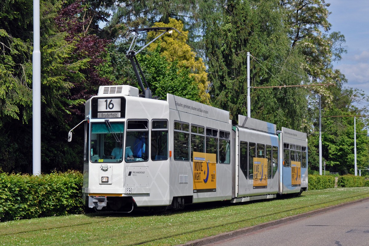 Be 4/6 S 683 mit der Pro Innerstadt Werbung hat neue Seitenkleber erhalten. Nun ist der Be 4/6 S solo auf den Linien 15/16 unterwegs. Hier fährt der Wagen auf der Linie 16 zur Haltestelle Hauensteinstrasse. Die Aufnahme stammt vom 17.05.2015.