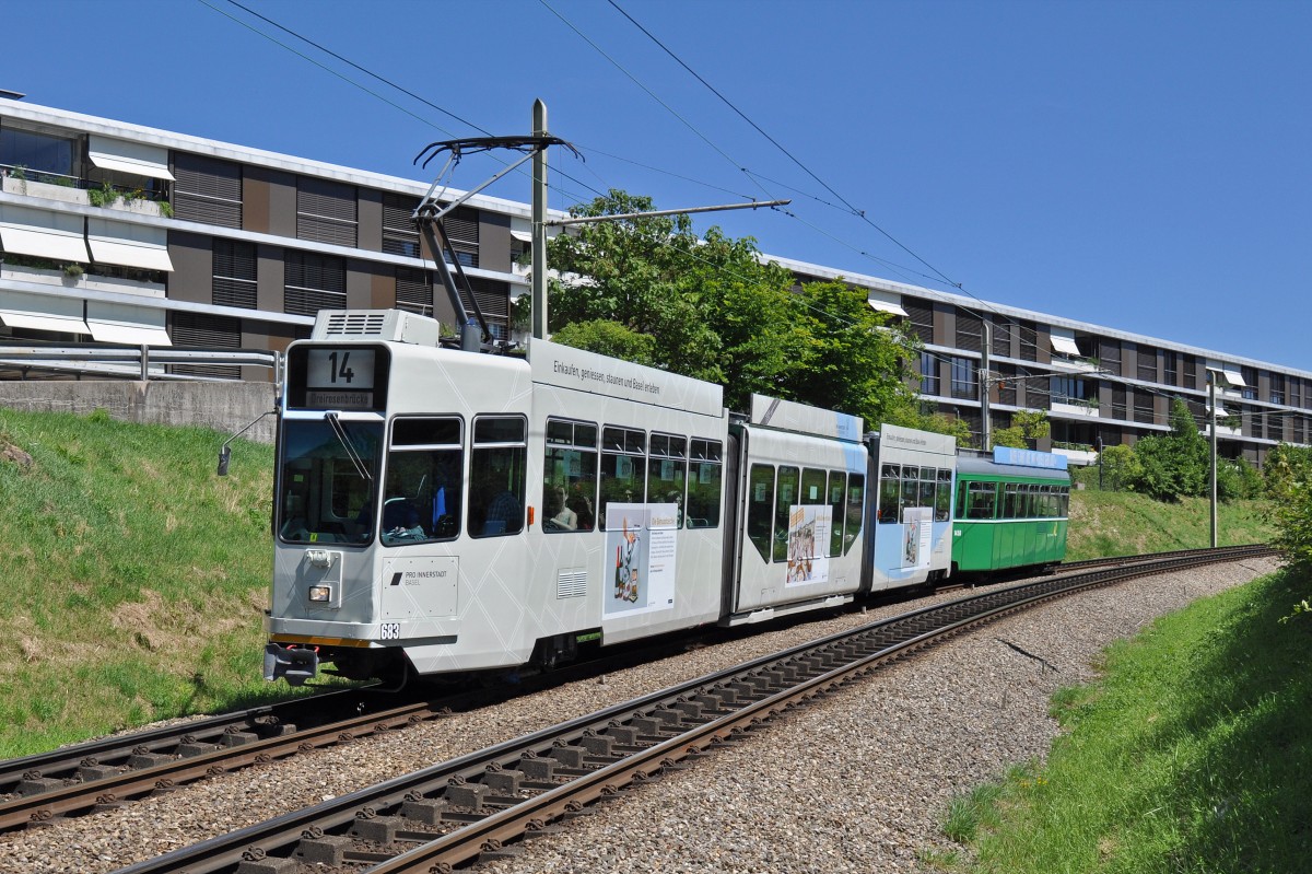 Be 4/6 S 683, mit der Pro Innerstadt Werbung, zusammen mit dem B 1450 auf der Linie 14 fahren zur Haltestelle Freidorf. Die Aufnahme stammt vom 28.06.2015.