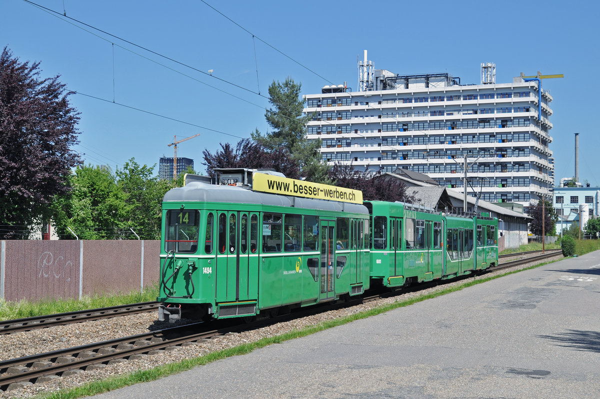 Be 4/6S 681 zusammen mit dem B4S 1494, auf der Linie 14, fahren zur Haltestelle Gempenstrasse. Die Aufnahme stammt vom 17.05.2017.