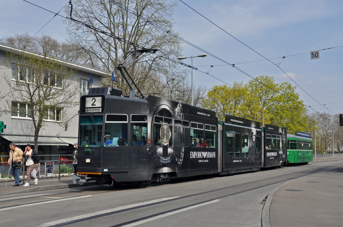 Be 4/6S 683 mit der Emporio Armani Werbung auf der Linie 2 am ZOO Dorenbach. Die Aufnahme stammt vom 01.04.2014.