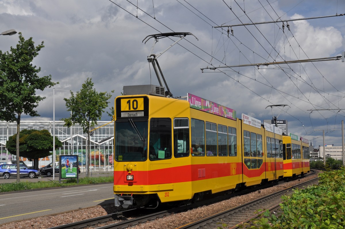 Be 4/8 202 zusammen mit dem Be 4/6 247 auf der Linie 10 kurz vor der Haltestelle M-Parc. Die Aufnahme stammt vom 16.08.2014.