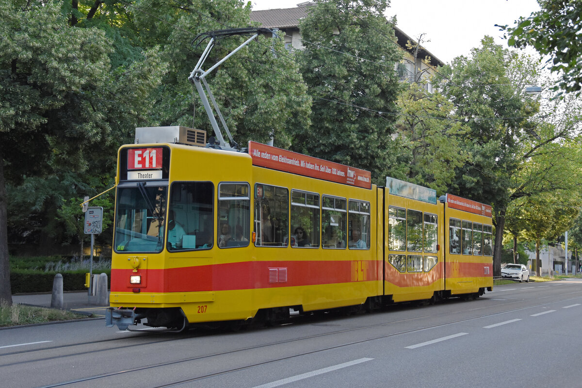 Be 4/8 207, auf der Linie E11, fährt zur Haltestelle am Aeschenplatz. Die Aufnahme stammt vom 29.06.2022.