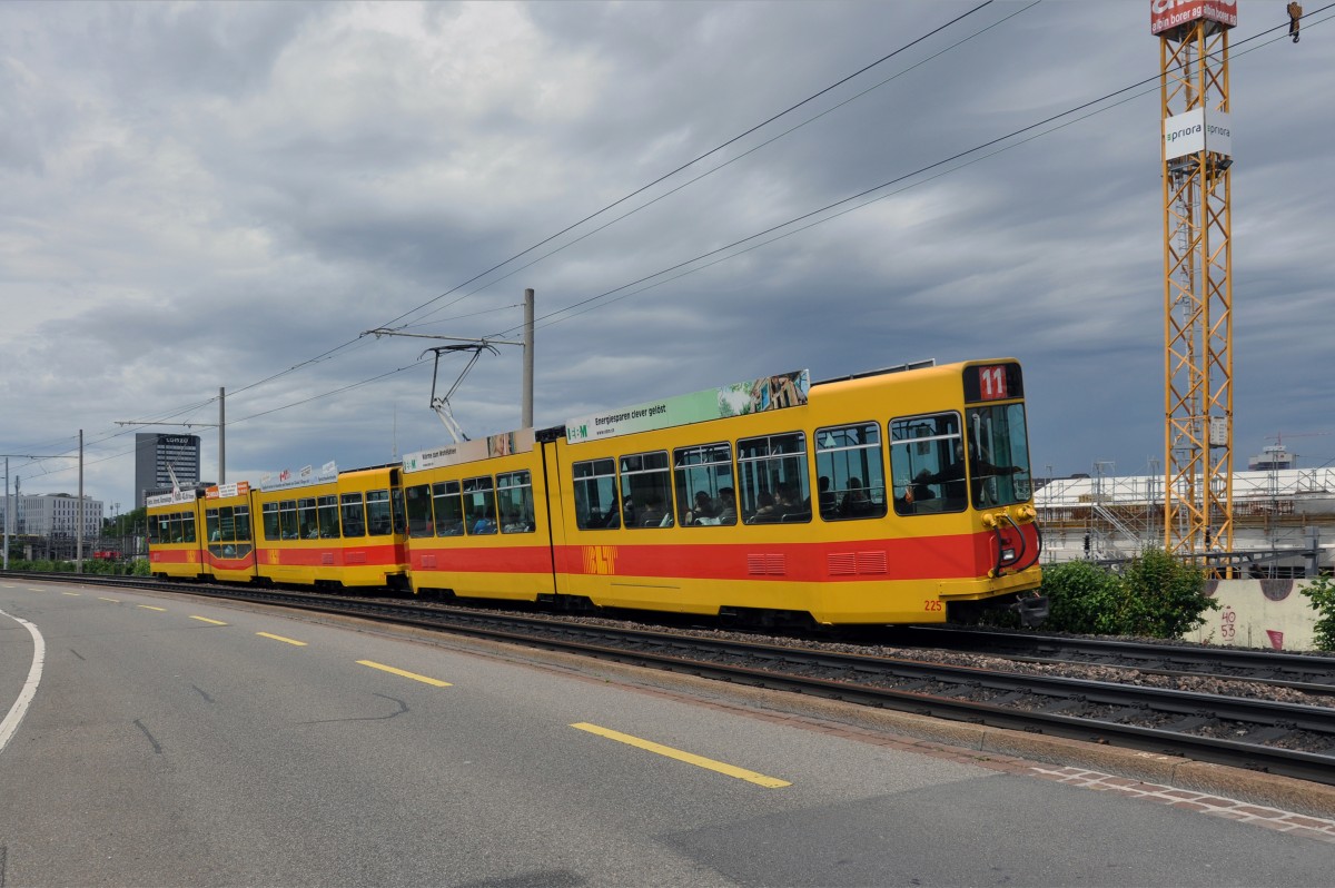 Be 4/8 210 und der Be 4/6 225 auf der Linie 11 kurz vor der Haltestelle Münchensteinerstrasse. Die Aufnahme stammt vom 10.05.2014.