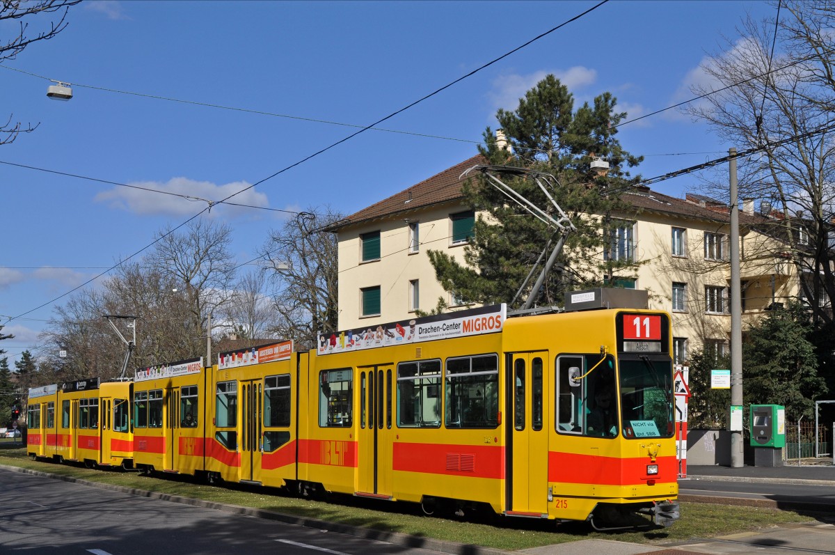 Be 4/8 215 zusammen mit dem Be 4/6 258 fahren während den Umleitungen anlässlich der Basler Fasnacht via Aeschenplatz Grosspeterstrasse nach Aesch. Die Aufnahme stammt vom 25.02.2015.