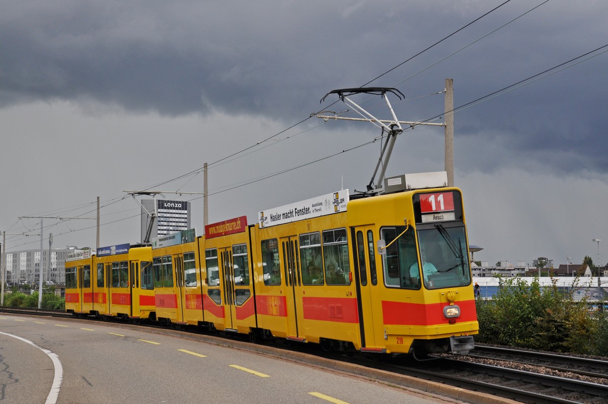 Be 4/8 219 zusammen mit dem Be 4/6 230 auf der Linie 11 kurz vor der Haltestelle M-Parc. Die Aufnahme stammt vom 14.08.2014.