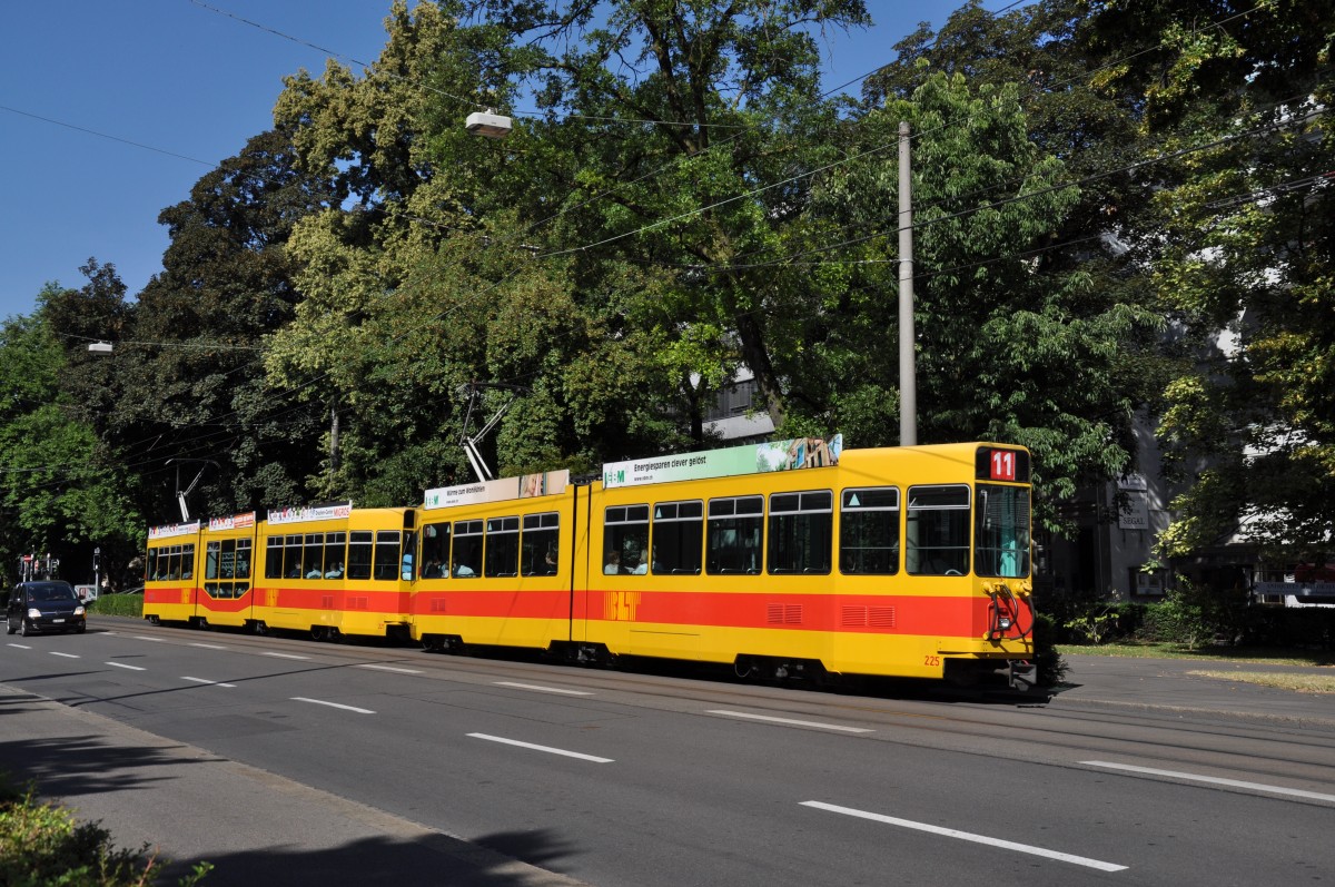 Be 4/8 221 zusammen mit dem Be 4/6 225 auf der Linie 11 fahren zur Haltestelle Bahnhof SBB. Die Aufnahme stammt vom 27.06.2014.