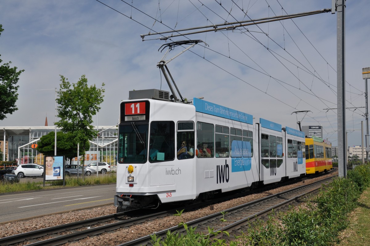 Be 4/8 245 mit der neuen IWB Werbung und der Be 4/6 231 auf der Linie 11 kurz vor der Haltestelle M-Parc. Die Aufnahme stammt vom 21.05.2014.