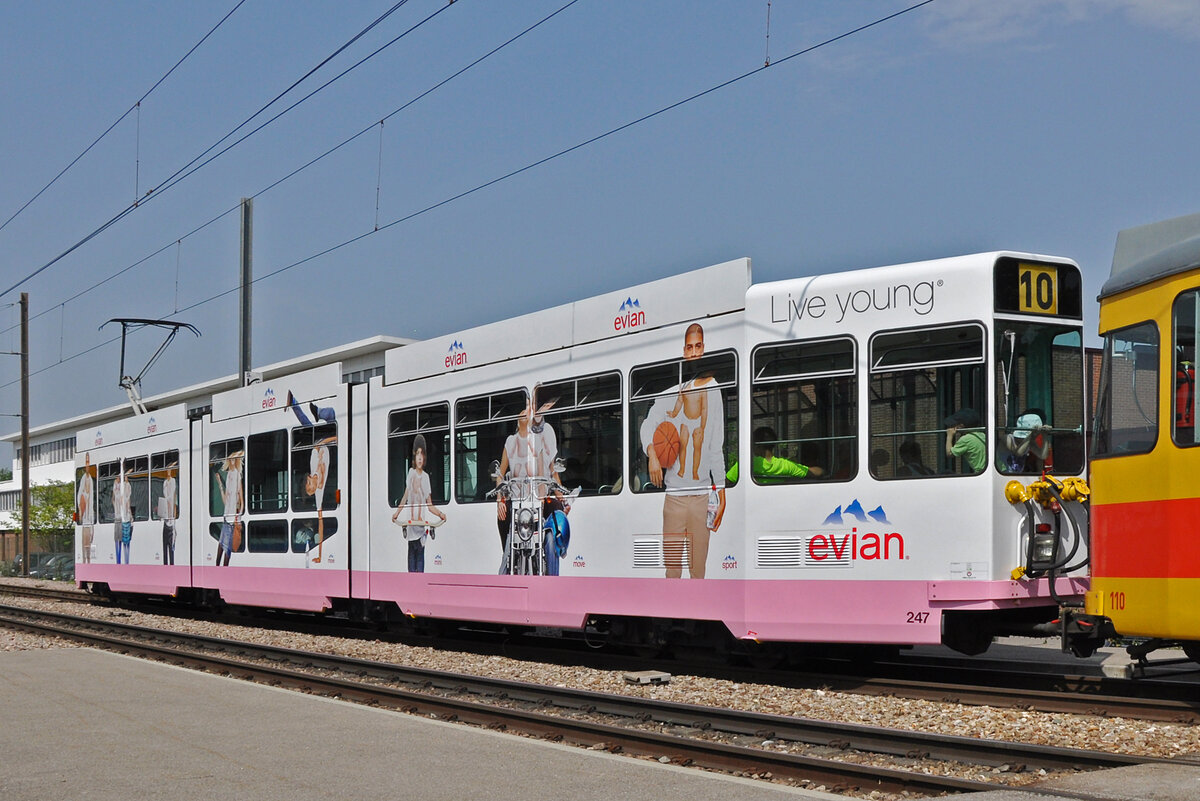 Be 4/8 247 mit der Werbung für Evian Mineralwasser, auf der Linie 10 verlässt am 29.06.2012 zusammen mit dem Be 4/6 110 die Haltestelle Hüslimatt.
