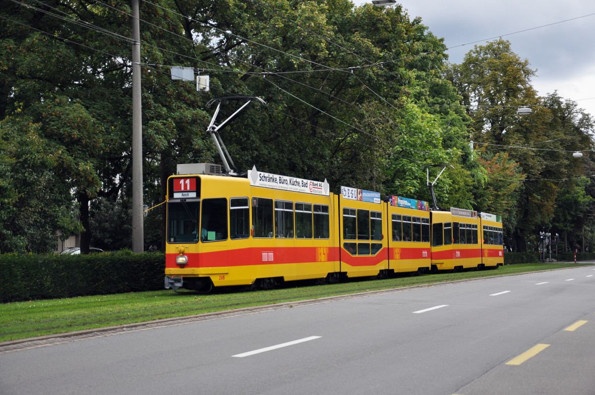 Be 4/8 248 zusammen mit dem Be 4/6 227 auf der Linie 11 fahren zur Haltestelle Bahnhof SBB. Die Aufnahme stammt vom 14.08.2014.